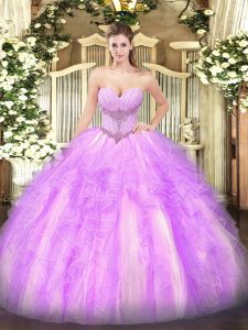 Fantastic Beading and Ruffles 15th Birthday Dress Lilac Lace Up Sleeveless Floor Length