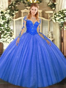 Pretty Blue Ball Gowns Tulle Scoop Long Sleeves Lace Floor Length Lace Up Vestidos de Quinceanera