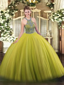 Glittering Halter Top Sleeveless Lace Up Sweet 16 Dress Olive Green Tulle