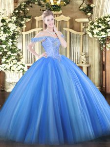 Amazing Floor Length Baby Blue Quince Ball Gowns Tulle Sleeveless Beading