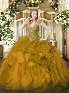 Simple Brown V-neck Neckline Beading and Ruffles Quinceanera Gown Sleeveless Lace Up