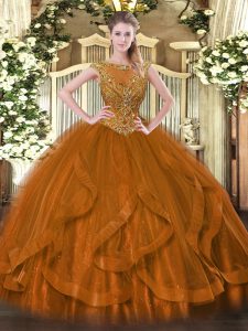 Brown Zipper Quinceanera Gown Beading and Ruffles Sleeveless Floor Length