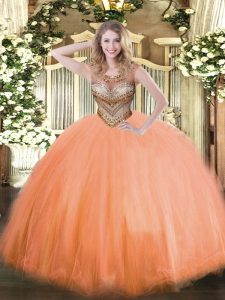 Orange Red Ball Gowns Tulle Scoop Sleeveless Beading Floor Length Lace Up Quinceanera Dresses