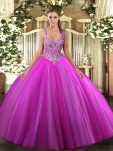 Floor Length Fuchsia 15 Quinceanera Dress Tulle Sleeveless Beading