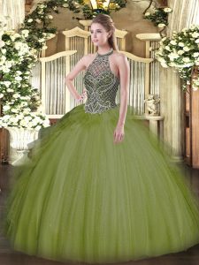Wonderful Tulle Halter Top Sleeveless Lace Up Beading Quinceanera Gowns in Olive Green