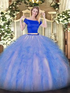 Off The Shoulder Short Sleeves Zipper Quince Ball Gowns Blue And White Tulle