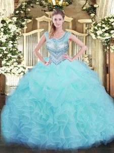 Sumptuous Aqua Blue Sleeveless Floor Length Beading and Ruffles and Pick Ups Lace Up Quince Ball Gowns