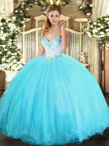 Aqua Blue Lace Up Sweetheart Beading Quinceanera Dresses Tulle Sleeveless