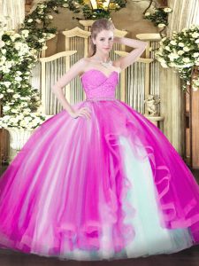 Fitting Fuchsia Sleeveless Beading and Lace and Ruffles Floor Length 15th Birthday Dress