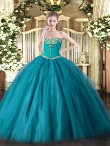 Inexpensive Teal Lace Up Sweet 16 Dresses Beading Sleeveless Floor Length