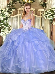 Best Lavender 15th Birthday Dress Military Ball and Sweet 16 and Quinceanera with Beading and Ruffles Sweetheart Sleeveless Lace Up