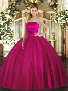 Strapless Sleeveless Lace Up Vestidos de Quinceanera Fuchsia Tulle