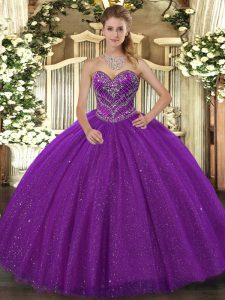Comfortable Sweetheart Sleeveless Tulle Sweet 16 Dresses Beading Lace Up