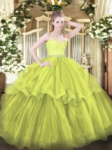 Fabulous Ball Gowns Sleeveless Olive Green 15 Quinceanera Dress Brush Train Zipper
