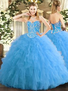 Aqua Blue Tulle Lace Up Sweetheart Sleeveless Floor Length Quince Ball Gowns Beading and Ruffles