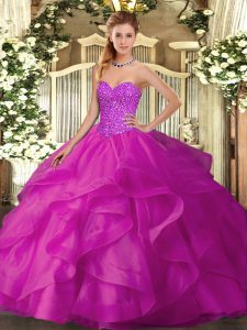 Sweetheart Sleeveless Quince Ball Gowns Floor Length Beading and Ruffles Fuchsia Tulle