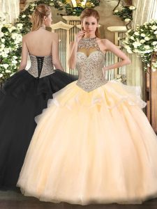 High Class Peach Halter Top Neckline Beading Quinceanera Gowns Sleeveless Lace Up