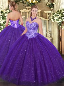Ideal Sleeveless Floor Length Beading Lace Up Sweet 16 Dress with Purple