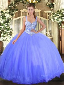 Blue Ball Gowns Beading Sweet 16 Dresses Lace Up Tulle Sleeveless Floor Length