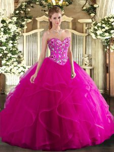 Fuchsia Ball Gowns Sweetheart Sleeveless Tulle Floor Length Lace Up Embroidery and Ruffles 15th Birthday Dress