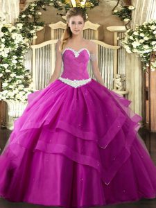 Unique Floor Length Fuchsia Quinceanera Gown Tulle Sleeveless Appliques and Ruffled Layers