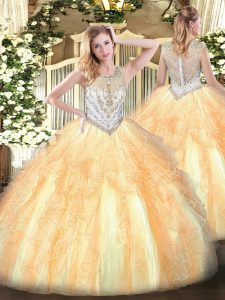 Floor Length Gold Quinceanera Gown Tulle Sleeveless Beading and Ruffles
