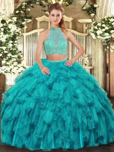 Clearance Turquoise Criss Cross Halter Top Beading and Ruffles Quinceanera Dress Organza Sleeveless