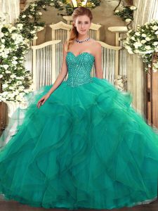 Edgy Turquoise Sweetheart Lace Up Beading and Ruffles 15th Birthday Dress Sleeveless