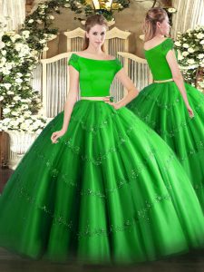 Green Two Pieces Appliques Vestidos de Quinceanera Zipper Tulle Short Sleeves Floor Length