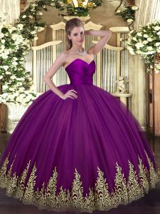Attractive Purple Zipper Sweetheart Appliques Ball Gown Prom Dress Tulle Sleeveless