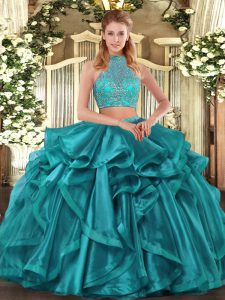 Modest Turquoise Organza Criss Cross Halter Top Sleeveless Asymmetrical Sweet 16 Dress Beading and Ruffled Layers