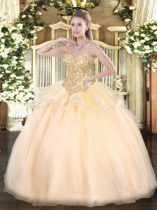 Champagne Ball Gowns Appliques Quinceanera Dress Lace Up Organza Sleeveless Floor Length