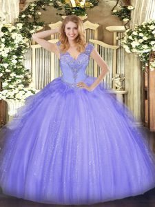 Cute Sleeveless Tulle Floor Length Lace Up Ball Gown Prom Dress in Lavender with Beading