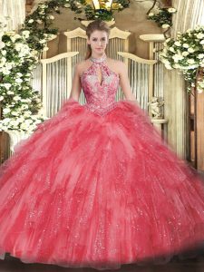 Floor Length Lace Up Quinceanera Gowns Coral Red for Military Ball and Sweet 16 and Quinceanera with Beading and Ruffles