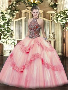 Pink Lace Up Quinceanera Dresses Beading and Appliques Sleeveless Floor Length