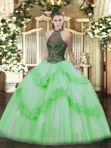 Ball Gowns Quinceanera Gown Halter Top Taffeta and Tulle Sleeveless Floor Length Lace Up
