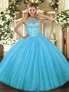 Captivating Aqua Blue Lace Up Halter Top Beading and Embroidery Ball Gown Prom Dress Tulle Sleeveless