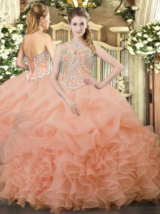 Floor Length Peach Quince Ball Gowns Sweetheart Sleeveless Lace Up