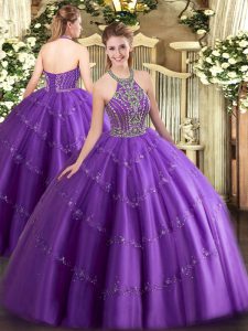 Purple Tulle Lace Up Quince Ball Gowns Sleeveless Floor Length Beading and Appliques