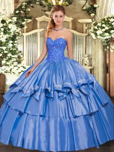 Blue Organza and Taffeta Lace Up 15th Birthday Dress Sleeveless Floor Length Beading and Ruffled Layers