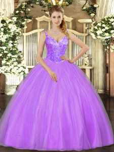 Lavender Ball Gowns Tulle V-neck Sleeveless Beading Floor Length Lace Up Sweet 16 Dresses