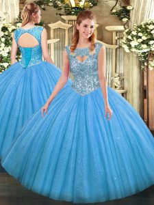 Hot Sale Scoop Sleeveless Tulle Quinceanera Gown Beading Lace Up