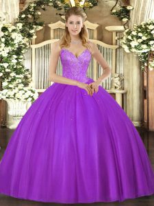 Fantastic Eggplant Purple Ball Gowns V-neck Sleeveless Tulle Floor Length Lace Up Beading Vestidos de Quinceanera
