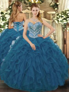 Nice Floor Length Lace Up Ball Gown Prom Dress Teal for Military Ball and Sweet 16 and Quinceanera with Beading and Ruffled Layers