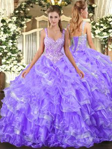 Dazzling Lavender Lace Up Straps Beading and Ruffled Layers Sweet 16 Dresses Organza Sleeveless