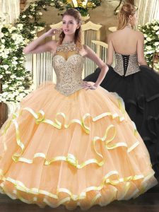 High End Peach Sleeveless Organza Lace Up Sweet 16 Dresses for Military Ball and Sweet 16 and Quinceanera