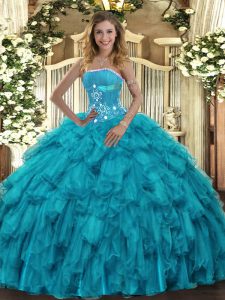 Beading and Ruffles Sweet 16 Quinceanera Dress Teal Lace Up Sleeveless Floor Length