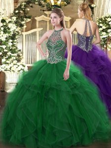 Green Ball Gowns Organza Halter Top Sleeveless Beading and Ruffles Floor Length Lace Up Ball Gown Prom Dress