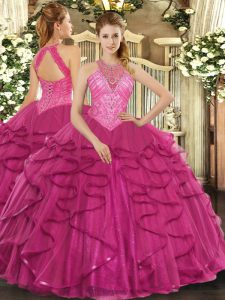 Latest Floor Length Hot Pink Quince Ball Gowns High-neck Sleeveless Lace Up