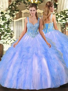 Chic Light Blue Straps Lace Up Beading and Ruffles Quinceanera Dress Sleeveless